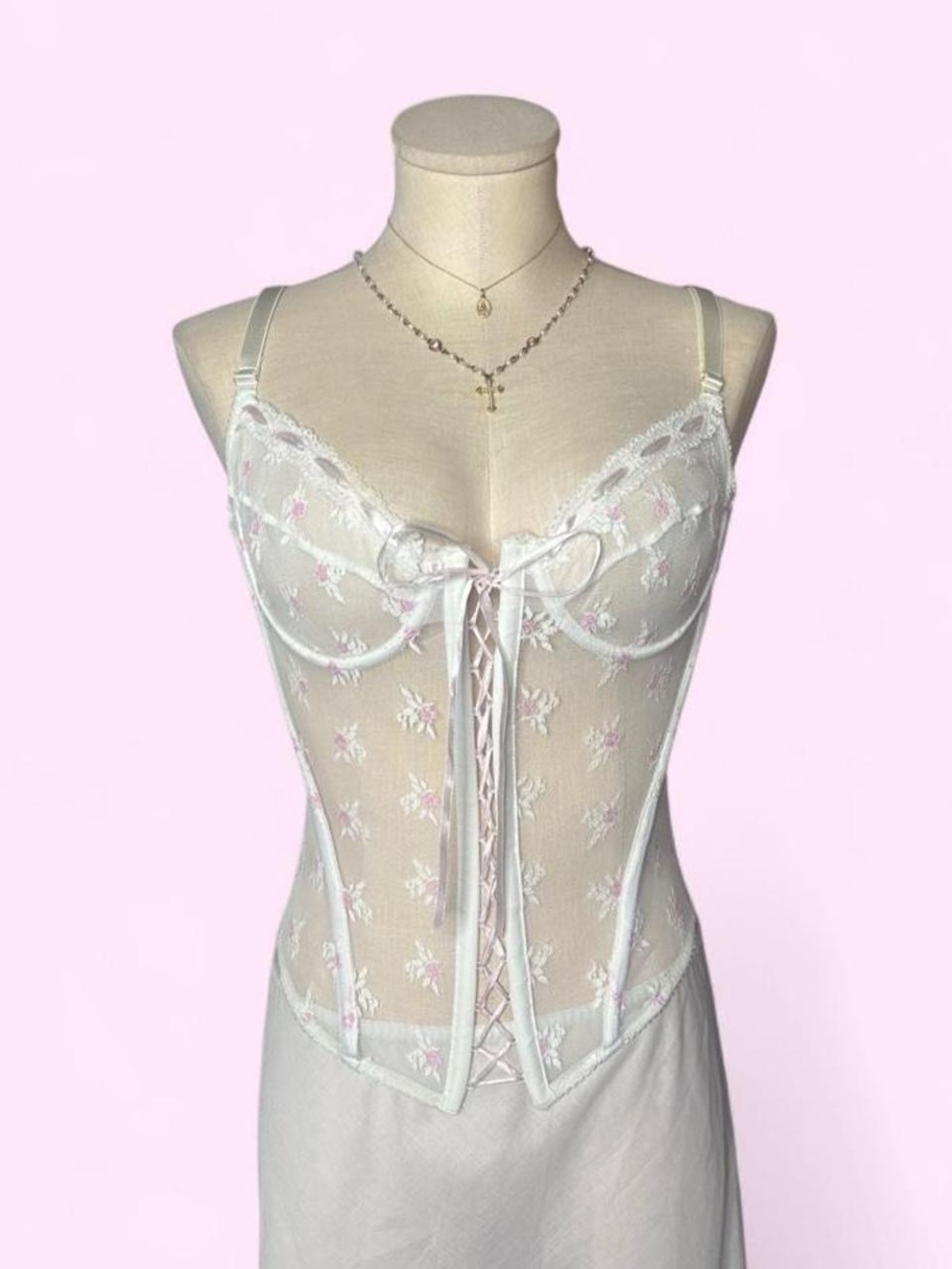 Coquette Pink Rosebud Print White Corset Women’s S